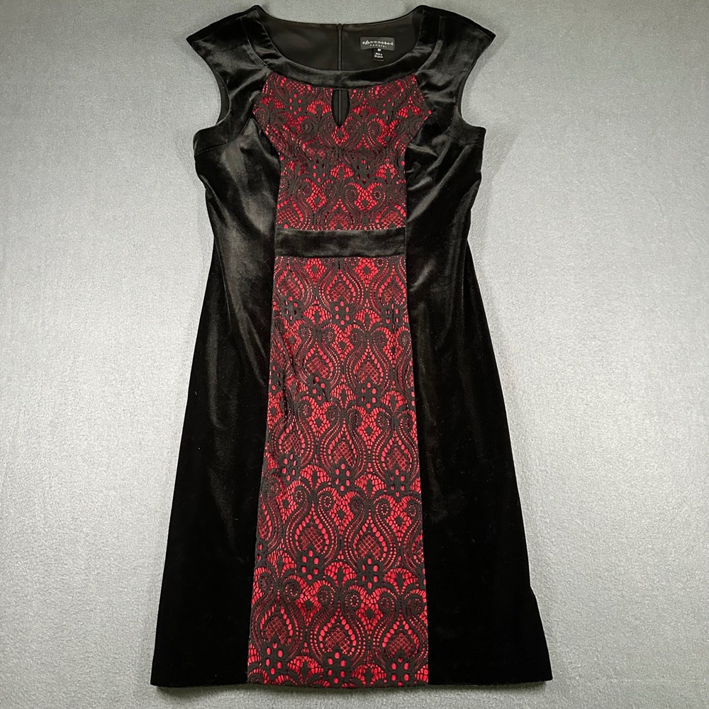 Connected‎ Apparel Dress Womens 8P Black Velvet Red Lace Sheath Party Career